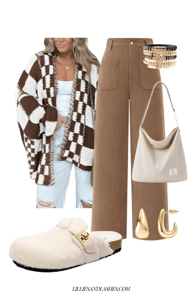 casual fall outfit idea-checkered cardigan-brown corduroy-sherpa clog