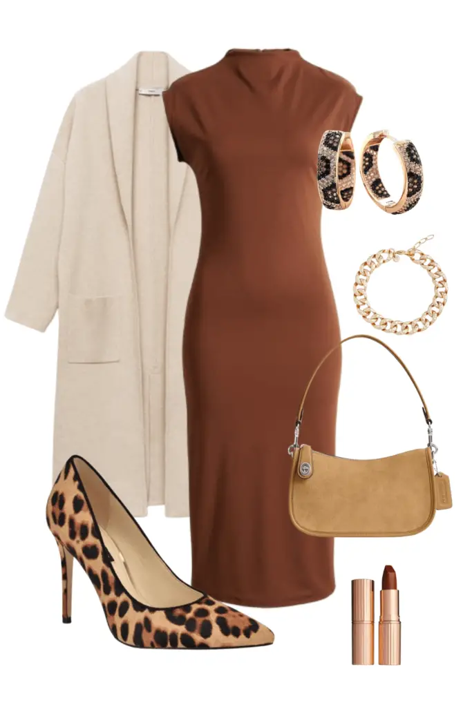 fall outfit idea- brown sheath dress- mango coatigan